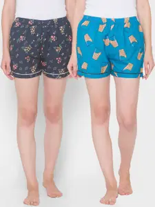 FashionRack Women Pack Of 2 Blue & Green Printed Lounge Shorts