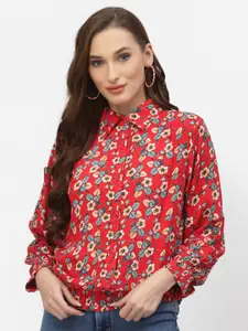 FLAWLESS Red Floral Print Mandarin Collar Shirt Style Top