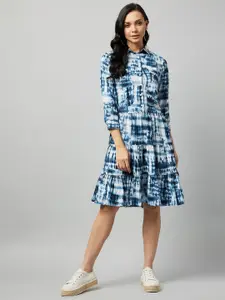 RARE Blue & White Tie and Dye Crepe A-Line Dress