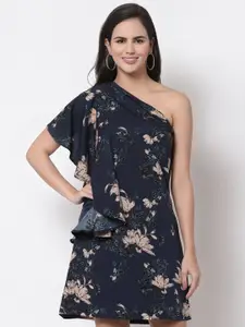 Style Quotient Navy Blue & Beige Floral One Shoulder Crepe A-Line Dress
