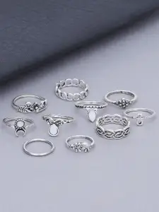 KARATCART Set Of 10 Oxidised Silver-Plated White Stone-Studded Finger Rings