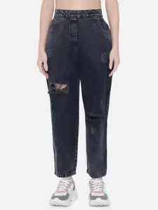 Orchid Hues Women Black Mom Fit High-Rise Highly Distresses Jeans