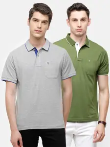 Classic Polo Men Pack Of 2 Grey & Green Polo Collar Pockets T-shirt