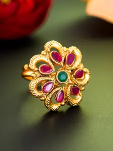 Aadita Gold Plated Green & Pink Stone Studded Adjustable Ring
