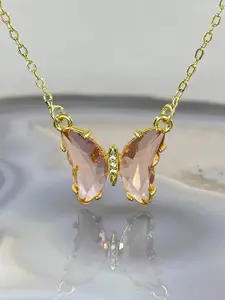 Vembley Gold-Plated Pink Crystal Butterfly Pendant Necklace