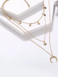 Vembley Gold-Plated Triple Layered Stars & Moon Pendant Necklace