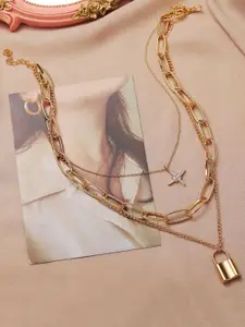 Vembley Gold-Plated Triple Layered Star & Lock Pendant Necklace