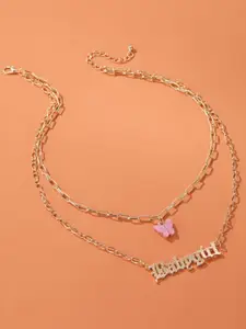 Vembley Gold-Plated & Pink Layered Butterfly & Baby girl Word Necklace