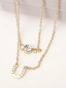 Vembley Gold-Plated & White Layered Studded U Alphabet Necklace
