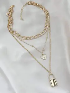 Vembley Gold-Plated & White Triple Layered Chunky Chain Link Heart & Lock Pendant Necklace