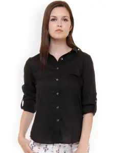 Ruhaans Women Black Regular Fit Solid Casual Shirt