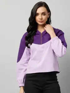 Marie Claire Women Lavender & Purple Colourblocked Hooded Sweatshirt