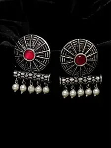 PANASH Silver-Toned & Plated Circular Oxidised Drop Earrings