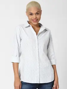 FOREVER 21 Women White & Blue Striped Pure Cotton Casual Shirt