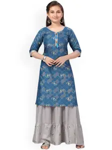 Aarika Girls Blue Ethnic Motifs Printed Pure Cotton Kurti with Skirt