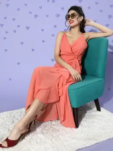 Berrylush Women Attractive Peach Self-Design Dobby Weave Dress