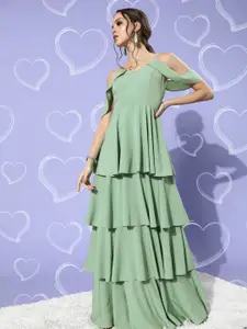 Berrylush Women Gorgeous Green Solid Tiered Dress