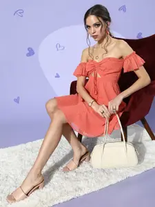 Berrylush Women Attractive Peach Self-Design Dobby Weave Dress