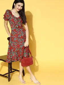 Berrylush Women Attractive Red Floral Puff Sleeves Dress