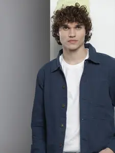 The Indian Garage Co Men Solid Denim Trucker Jacket with Patch Pockets