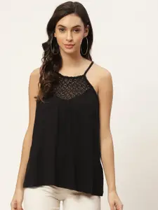 WISSTLER Black Solid Pure Cotton Lace Inserts Top