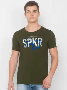 SPYKAR Men Green Typography Printed Applique Slim Fit T-shirt