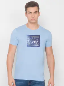 SPYKAR Men Blue Typography Printed Applique Slim Fit T-shirt
