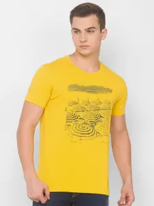 SPYKAR Men Yellow & Navy Blue Printed Slim Fit T-shirt