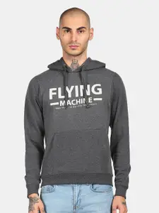 Flying Machine Men Grey Printed Hooded Sweatshirt