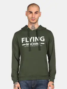 Flying Machine Men Green Printed Hooded Sweatshirt