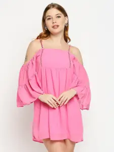 aaliya Pink Cold-Shoulder Sleeves Crepe A-Line Dress