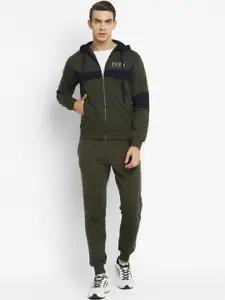 OFF LIMITS Men Olive Green & Blue Colourblocked Hooded Tracksuit
