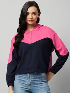 Carlton London Women Pink Colourblocked Hooded Sweatshirt