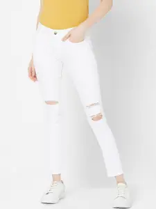 SPYKAR Women White Skinny Fit Lycra Mildly Distressed Jeans