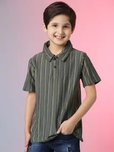 Instafab Boys Olive Green Striped Polo Collar T-shirt
