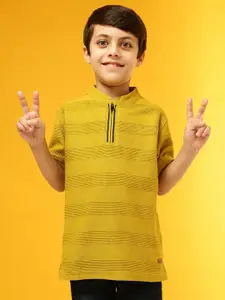 Instafab Boys Yellow Striped Mandarin Collar Outdoor T-shirt