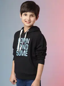 Instafab Boys Black Printed Hooded Sweatshirt