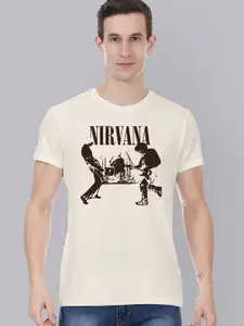 Free Authority Nirvana Men Off White & Coffee Brown Printed T-shirt