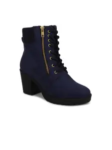 Bruno Manetti Navy Blue Suede Block Heeled Boots with Laser Cuts
