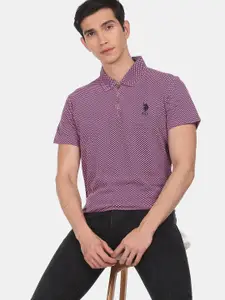 U.S. Polo Assn. U S Polo Assn Men Purple Checked Polo Collar Pure Cotton T-shirt