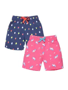 PLUM TREE Girls Pack Of 2 Pink & Navy Blue Unicorn Printed Pure Cotton Shorts