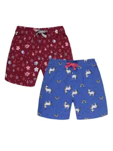 PLUM TREE Girls Pack of 2 Navy Blue & Maroon Printed Pure Cotton Shorts