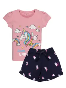 PLUM TREE Girls Pink & Navy Blue Printed Top With Shorts