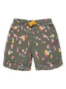 PLUM TREE Girls Olive Green Floral Printed Pure Cotton Shorts
