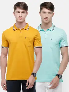 Classic Polo Men Pack of 2 Teal & Mustard Yellow Solid Polo Collar T-shirt