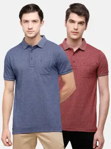 Classic Polo Men Pack Of 2 Blue & Maroon Polo Collar Slim Fit T-shirt