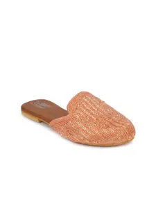 The Desi Dulhan Women Peach-Coloured Embellished Leather Party Mules Flats
