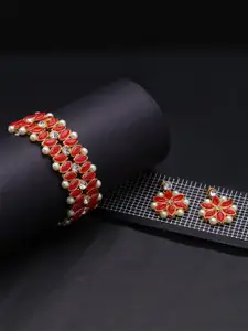 LIVE EVIL Red & Off-White Gold-Plated Pearls Studded Choker Necklace With Earrings