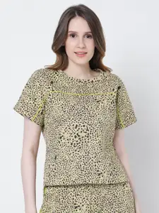Vero Moda Women Camel Brown & Black Printed Extended Sleeves T-shirt