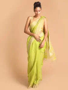 Indethnic Lime Green & Gold-Toned Zari Silk Cotton Maheshwari Saree